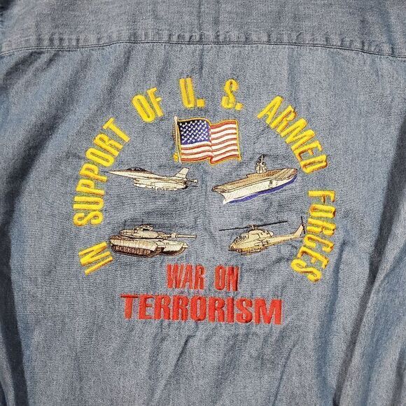 Vtg 1250 North Shirt Mens Large Blue Denim U.S. Army Amwrican Flag Button Down - Picture 8 of 10